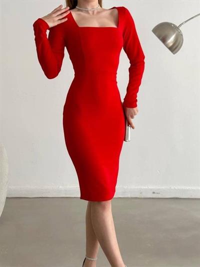 Kadın Dalgıç Kumaş Kare Yaka Uzun Kollu Elbise