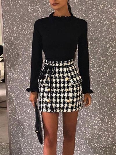 Kadın Dalgıç Kumaş Kazayağı Baskılı Düğme Detaylı Mini Boy Elbise