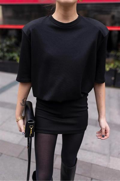 Kadın Dalgıç Kumaş Omuz Vatkalı Lastik Bel Detaylı Elbise