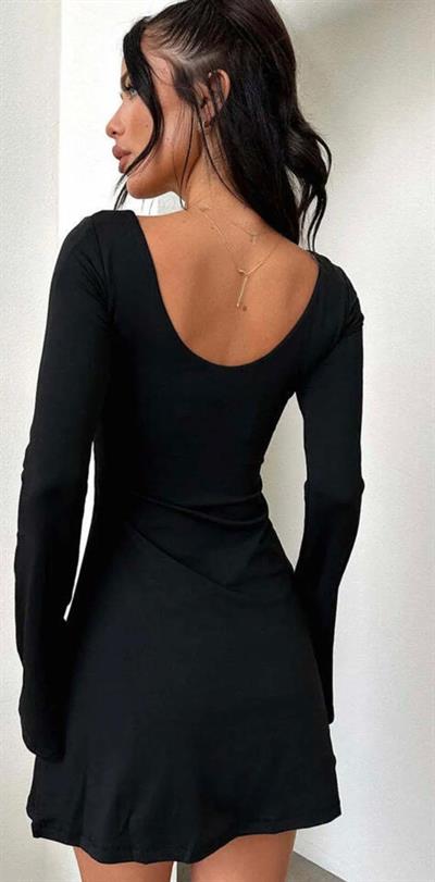 Kadın Dalgıç Kumaş U Yaka Ispanyol Kol Mini Boy Elbise