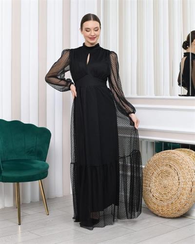 Kadın Damla Yaka Sırt Dekolteli Astarlı Tül Elbise