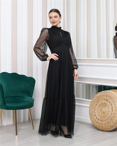 Kadın Damla Yaka Sırt Dekolteli Astarlı Tül Elbise