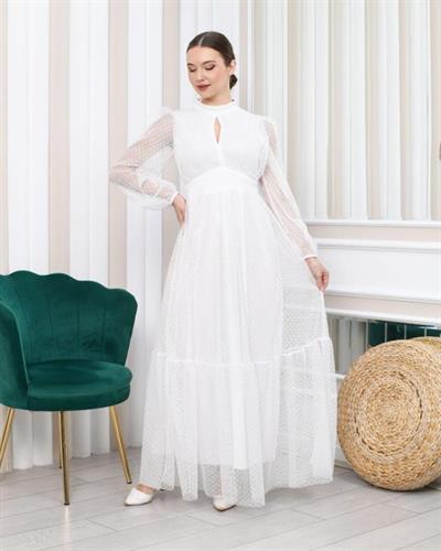 Kadın Damla Yaka Sırt Dekolteli Astarlı Tül Elbise