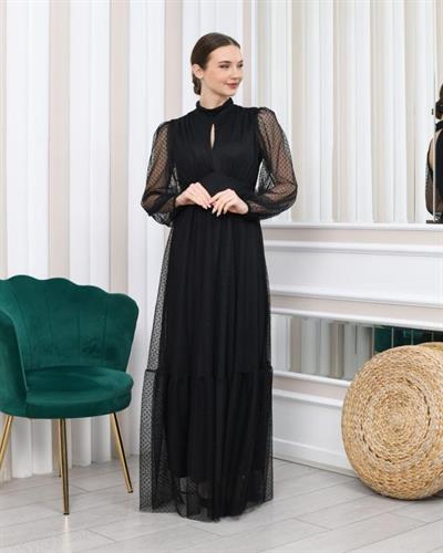 Kadın Damla Yaka Sırt Dekolteli Astarlı Tül Elbise