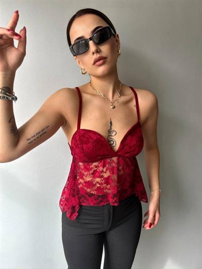 Kadın Dantelli İnce Askılı Sırt Bağlamalı Transparan Bluz