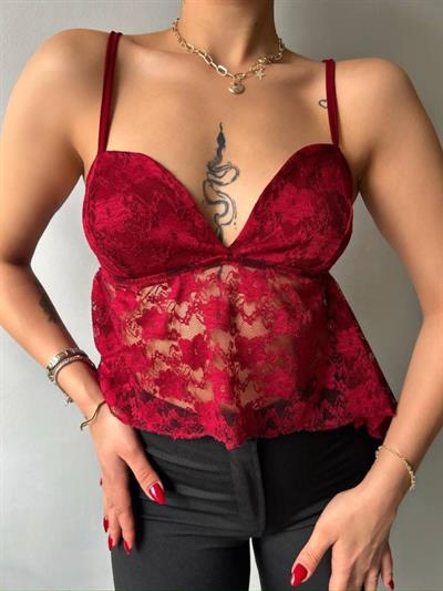 Kadın Dantelli İnce Askılı Sırt Bağlamalı Transparan Bluz