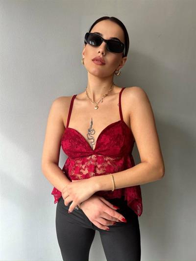 Kadın Dantelli İnce Askılı Sırt Bağlamalı Transparan Bluz