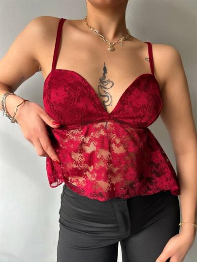 Kadın Dantelli İnce Askılı Sırt Bağlamalı Transparan Bluz