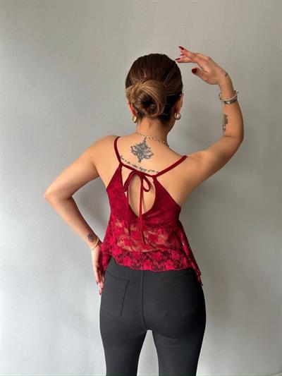 Kadın Dantelli İnce Askılı Sırt Bağlamalı Transparan Bluz