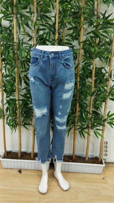 Kadın Dar Kesim Cepli önden Yırtık Desenli Denim Pantolon
