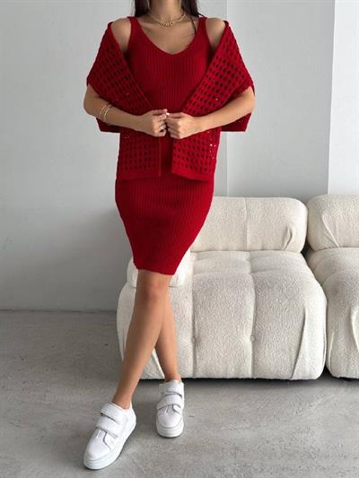 Kadın Delikli Kazak Askılı Elbise Triko Kumaş Ikili Takım