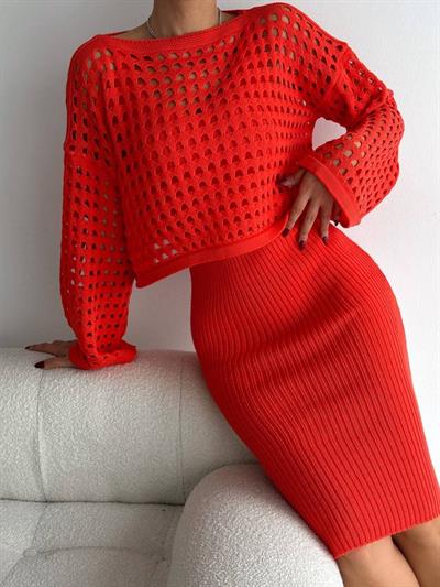 Kadın Delikli Kazak Askılı Elbise Triko Kumaş Ikili Takım