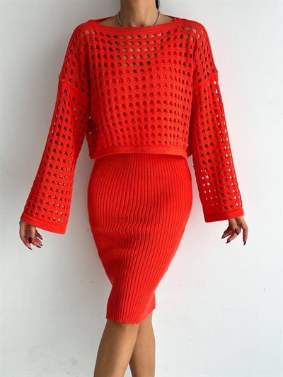 Kadın Delikli Kazak Askılı Elbise Triko Kumaş Ikili Takım