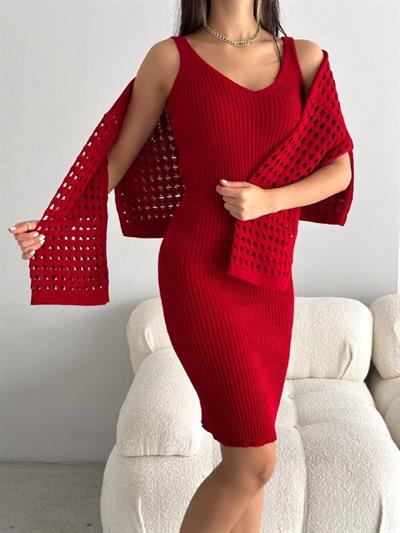 Kadın Delikli Kazak Askılı Elbise Triko Kumaş Ikili Takım