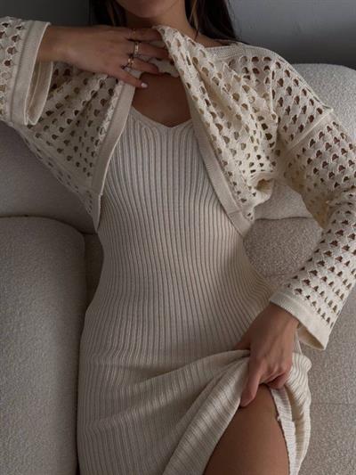 Kadın Delikli Kazak Ve Triko Elbise Ikili Takım