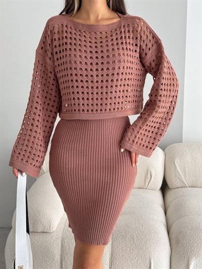 Kadın Delikli Kazak Ve Triko Elbise Ikili Takım