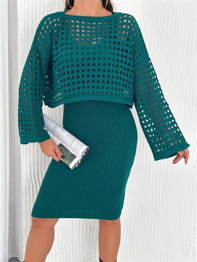 Kadın Delikli Kazak Ve Triko Elbise Ikili Takım