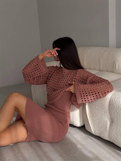 Kadın Delikli Kazak Ve Triko Elbise Ikili Takım