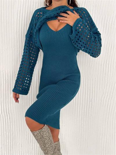 Kadın Delikli Kazak Ve Triko Elbise Ikili Takım