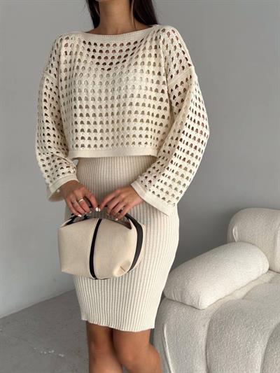 Kadın Delikli Kazak Ve Triko Elbise Ikili Takım