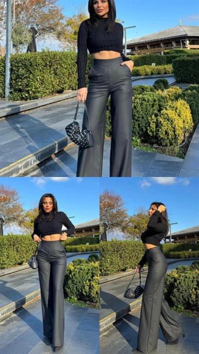 Kadın Deri Kumaş Yüksek Bel Içi şardonlu Likralı Palazzo Deri Pantolon