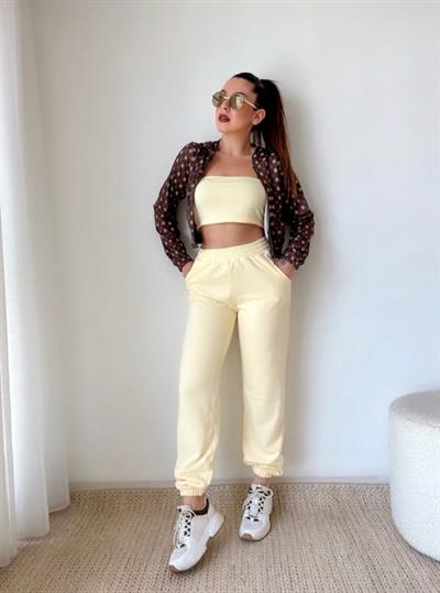 Kadın Desenli Hırka , Crop Ve Eşofman Altı üçlü Takım