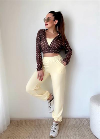 Kadın Desenli Hırka , Crop Ve Eşofman Altı üçlü Takım