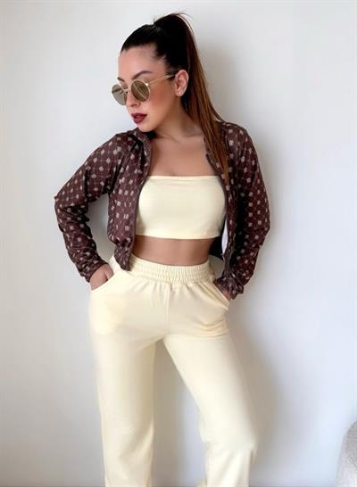 Kadın Desenli Hırka , Crop Ve Eşofman Altı üçlü Takım