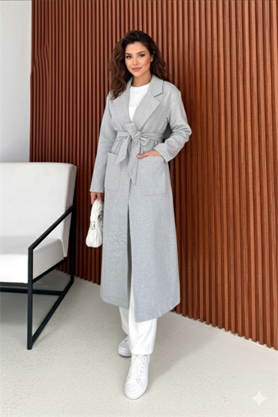 Kadın Diz Altı Cepli Beli Kuşaklı Kaşe Kaban