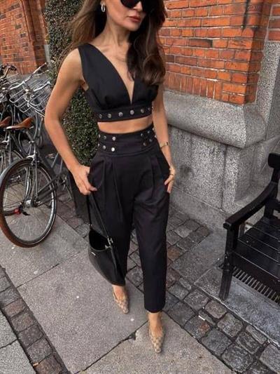 Kadın Double Krep Kumaş Düğme Aksesuar Detaylı Takım