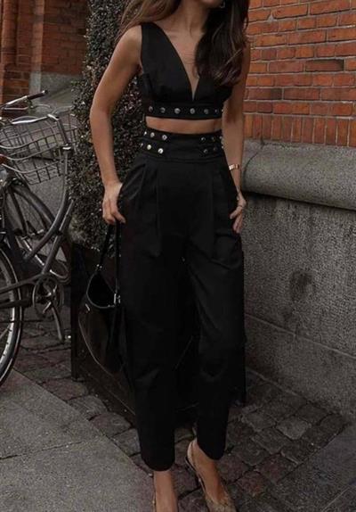 Kadın Double Krep Kumaş Düğme Aksesuar Detaylı Takım