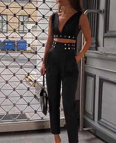 Kadın Double Krep Kumaş Düğme Aksesuar Detaylı Takım