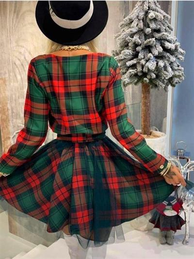 Kadın Ekose Baskılı Kumaş Belde Kuşak Ve Tül Detaylı Elbise