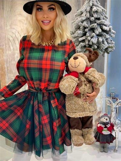 Kadın Ekose Baskılı Kumaş Belde Kuşak Ve Tül Detaylı Elbise