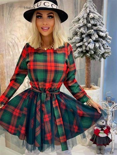 Kadın Ekose Baskılı Kumaş Belde Kuşak Ve Tül Detaylı Elbise