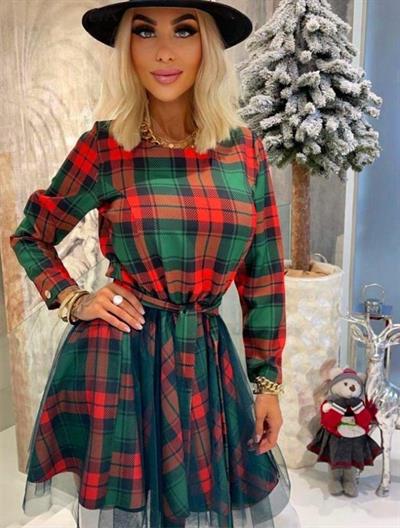 Kadın Ekose Baskılı Kumaş Belde Kuşak Ve Tül Detaylı Elbise