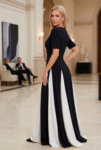 Kadın Eteği Parçalı Kısa Kol Maxi Elbise