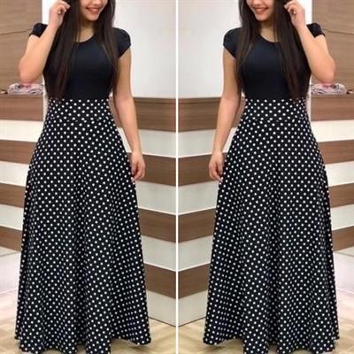 Kadın Eteği Puantiyeli Krep Kumaş Likralı Tam Boy Yazlık Elbise135 Cm