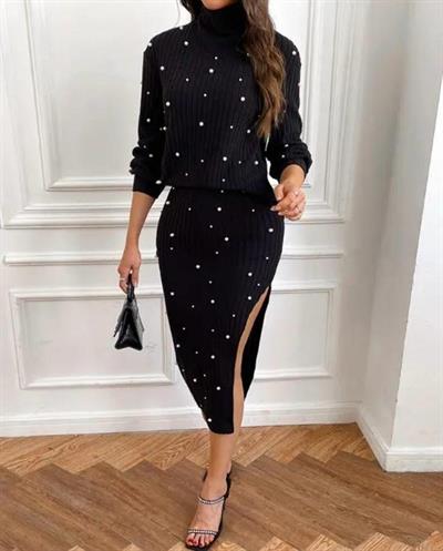 Kadın Eteği Yırtmaçlı Ottoman Kumaş Inci Detaylı Ikili Takım