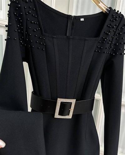 Kadın Etek Ucu Otriş Yakası Inci Detayli Midi Boy Elbise