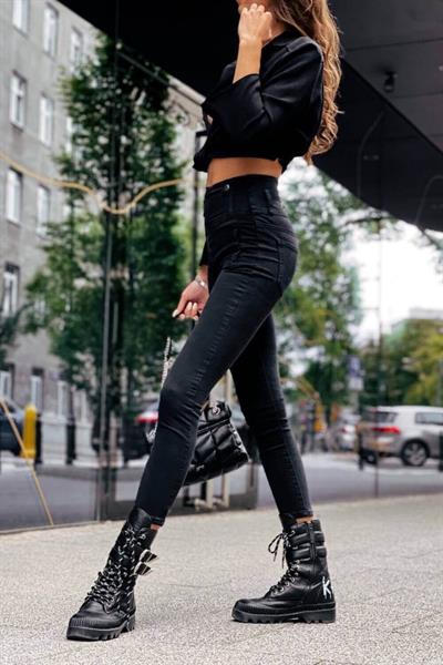 Kadın Fermuar Detay Yüksek Kemerli Kot Pantolon