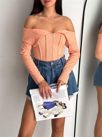 Kadın Fermuarlı Fitilli Kaşkorse Kumaş Bluz