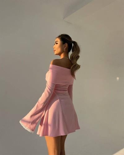 Kadın Fitilli Kumaş Madonna Yaka Uzun Kollu Mini Boy Kloş Elbise