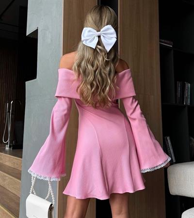 Kadın Fitilli Kumaş Madonna Yaka Uzun Kollu Mini Boy Kloş Elbise