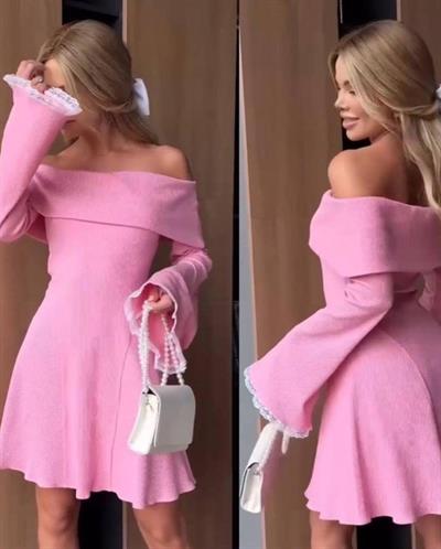 Kadın Fitilli Kumaş Madonna Yaka Uzun Kollu Mini Boy Kloş Elbise