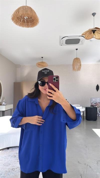 Kadın Flamlı Keten Tek Cep Oversızed Gömlek