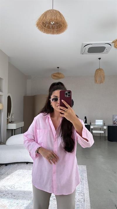 Kadın Flamlı Keten Tek Cep Oversızed Gömlek