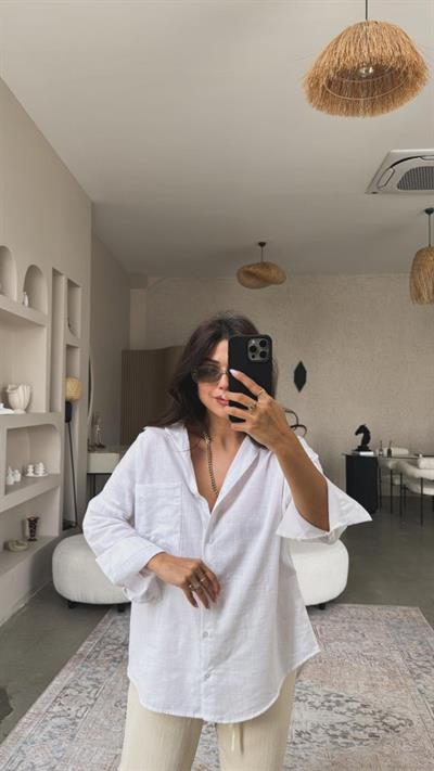 Kadın Flamlı Keten Tek Cep Oversızed Gömlek