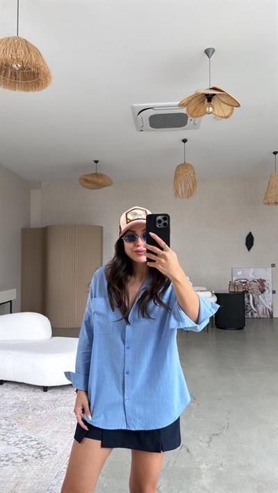 Kadın Flamlı Keten Tek Cep Oversızed Gömlek