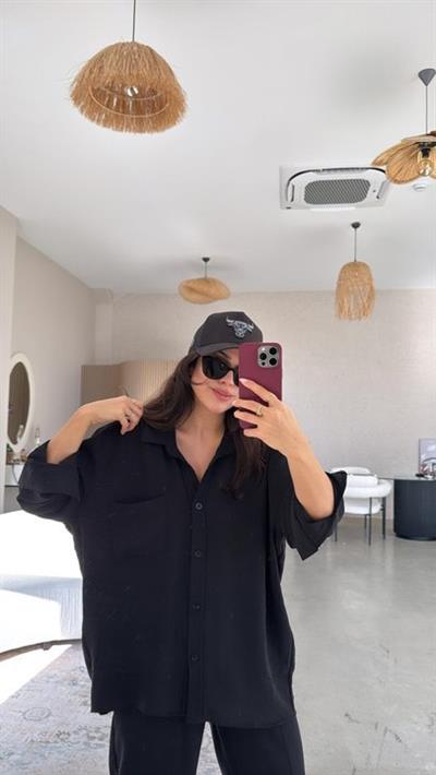 Kadın Flamlı Keten Tek Cep Oversızed Gömlek